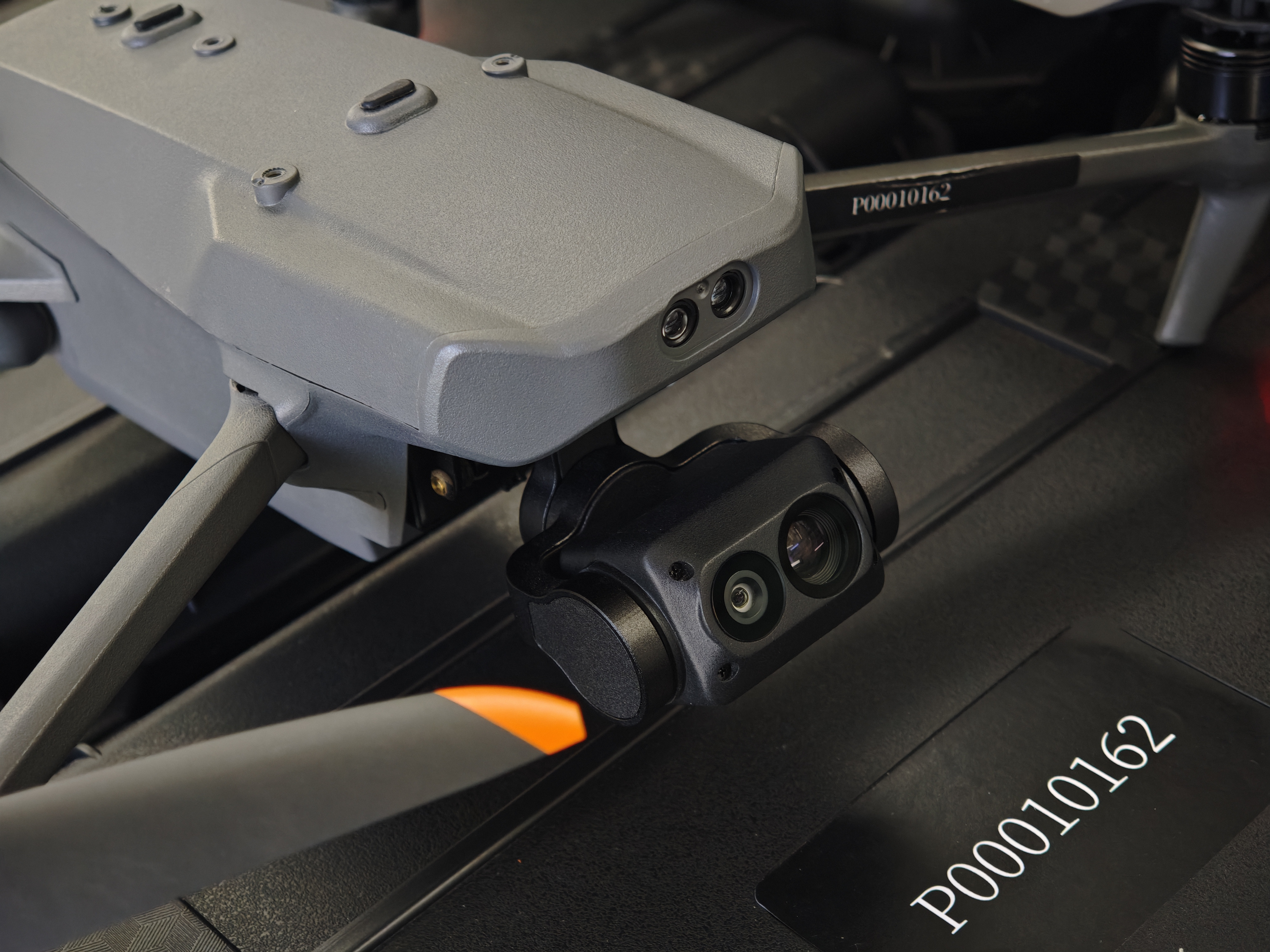 Close-up view of drone camera and body